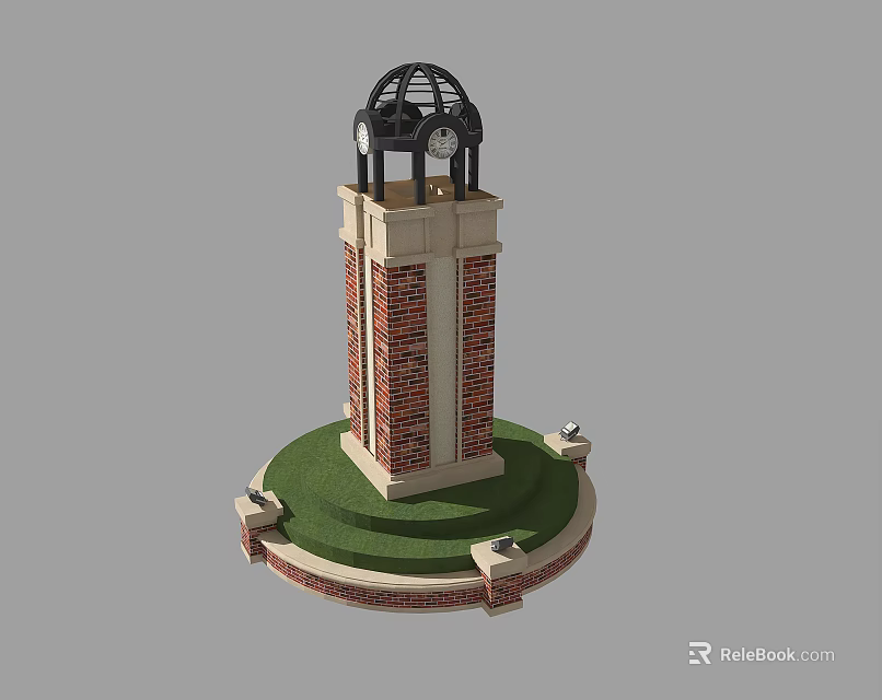 Red Brick Tower with Black Dome Top Circular Base and Green Lawn 3d model
