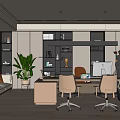 Modern Office Interior Design With Desk Chairs Green Plant Bookshelf And Hanging Lights