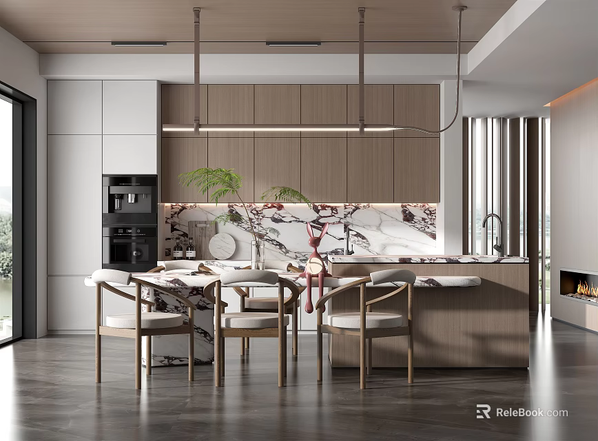 Modern Restaurant Kitchen With Open Design Marble Countertop And Dining Chairs 3d model