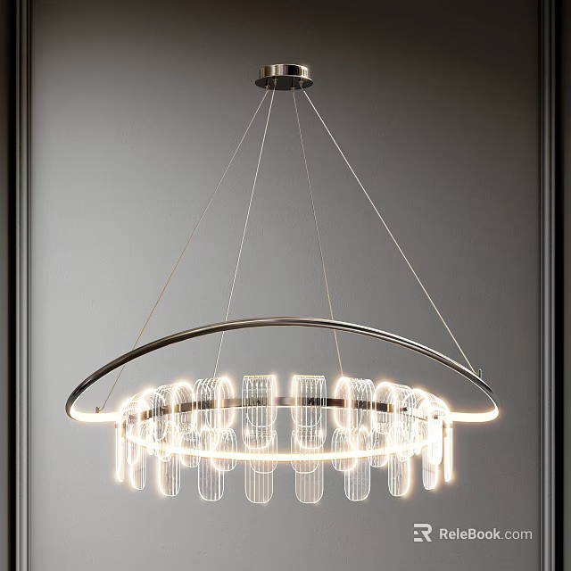 Modern Circular Chandelier With Metal Frame Glass Pendants And Illuminated Warm Light 3d model 