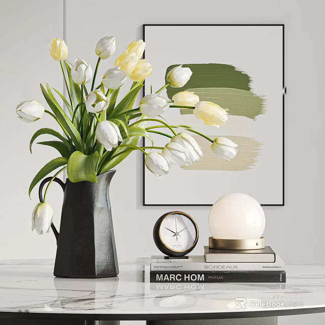 White Yellow Tulips in Black Vase with Clock Sphere Ornament and Books Decorative Set for Home 3d model 