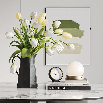 White Yellow Tulips in Black Vase with Clock Sphere Ornament and Books Decorative Set for Home 3d model