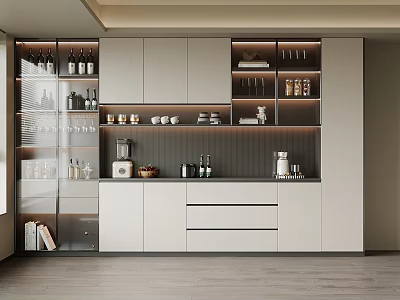 Modern Kitchen Sideboard With Glass Door Cabinets Storage And Coffee Maker 3d model
