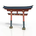 Traditional Japanese Torii Gate Structure With Red Pillars And Black Roof