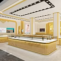 Elegant Modern Long Feng Jewelry Store Interior With Golden Display Cases And Counter