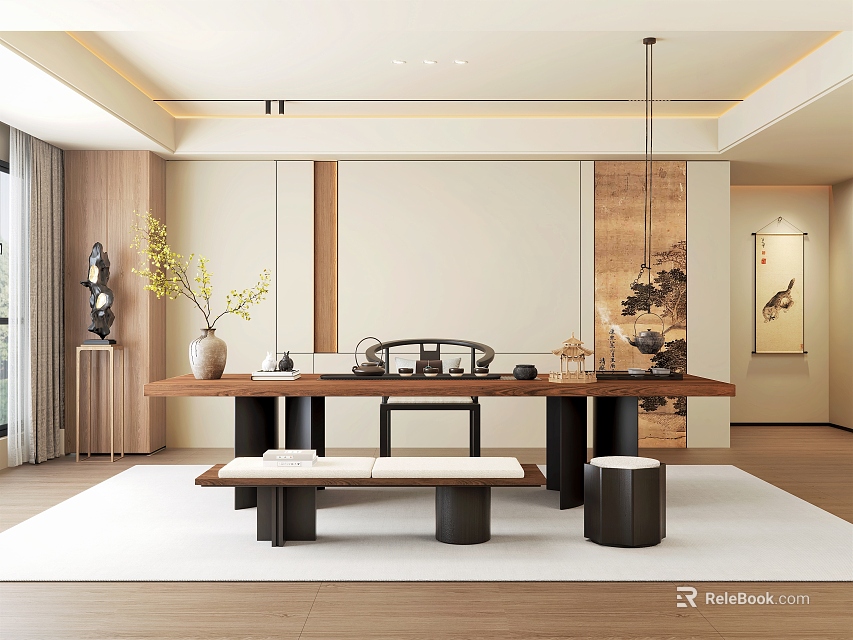 Modern Tea Room Interior With Wooden Table Stools And Decorative Vases 3d model 