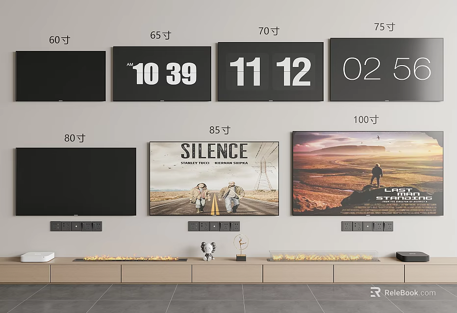 Various Size Televisions With Digital Displays And Movie Posters On Wall 3d model 