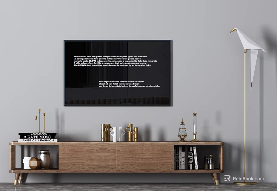 Wooden TV Stand with Wall Mounted TV Floor Lamp and Decorative Items in Living Room 3d model 