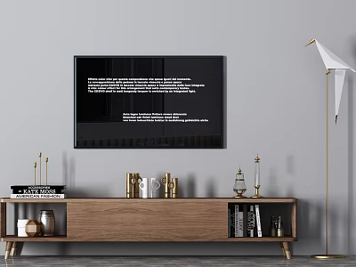 Wooden TV Stand with Wall Mounted TV Floor Lamp and Decorative Items in Living Room 3d model