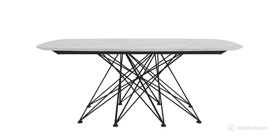 Modern Dining Table With Sleek White Surface And Black Crossed Metal Legs Design 3d model
