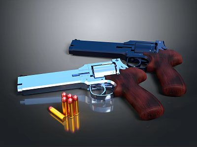 Blue And Silver Pistols With Wooden Handles And Bullets On Dark Surface 3d model