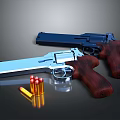 Blue And Silver Pistols With Wooden Handles And Bullets On Dark Surface