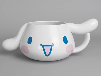 Cute White Cartoon Drink Cup With Ear Shaped Handles Blue Eyes Pink Cheeks Smiling Design 3d model