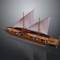 Ancient Trireme Watercraft With Wooden Sails Oars And Decorative Prow