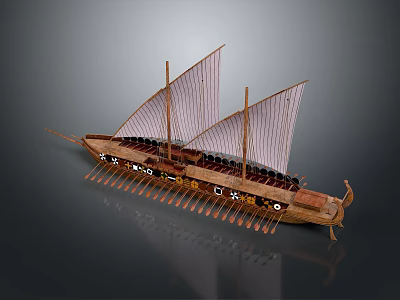 Ancient Trireme Watercraft With Wooden Sails Oars And Decorative Prow 3d model
