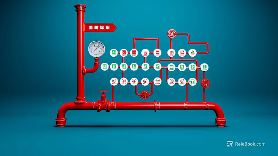 Fire Equipment Red Pipeline System with Pressure Gauge and Valves Schematic Diagram 3d model 