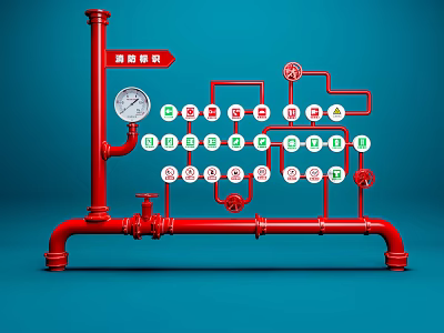 Fire Equipment Red Pipeline System with Pressure Gauge and Valves Schematic Diagram 3d model