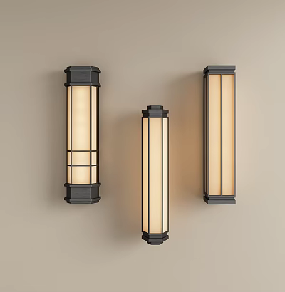 Three Modern Wall Lamps With Long Cylindrical Shades And Black Frames On Beige Wall 3d model
