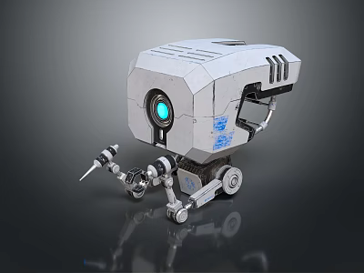 Silver Gray Bionic Robotic Character With Blue Eye Mechanical Arms And Wheels 3d model