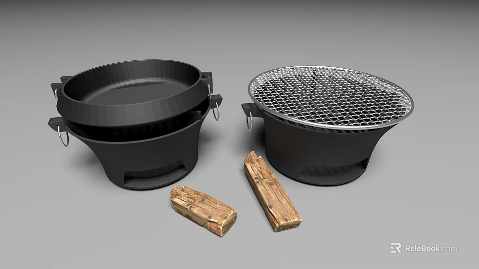 Black Outdoor Cooking Cookware Set With Mesh Lid Grill Pan And Wooden Logs 3d model 