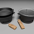 Black Outdoor Cooking Cookware Set With Mesh Lid Grill Pan And Wooden Logs