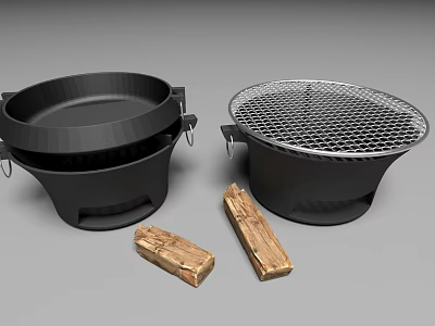 Black Outdoor Cooking Cookware Set With Mesh Lid Grill Pan And Wooden Logs 3d model