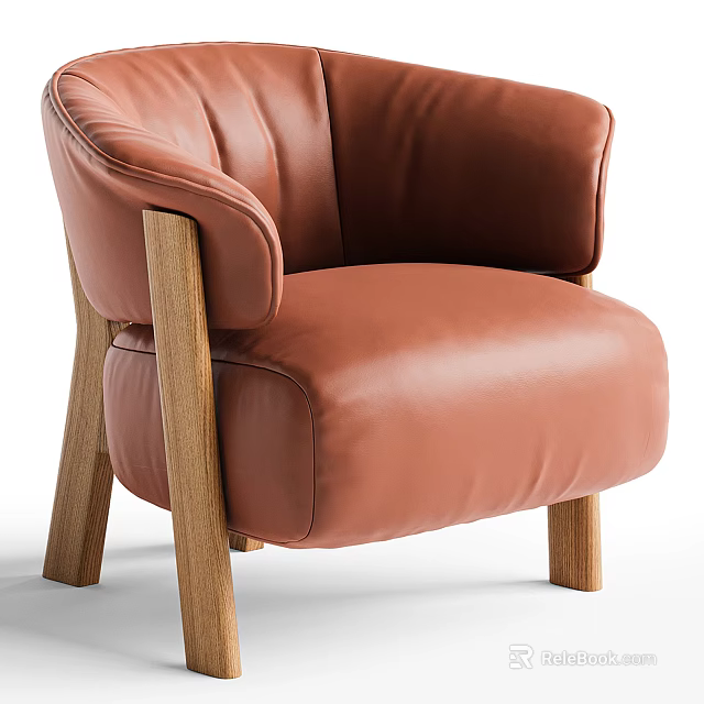 Brown Leather Armchair With Rounded Arms And Wooden Legs Modern Design 3d model 