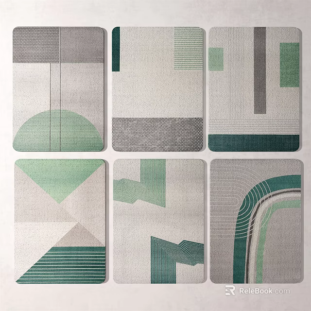 Square Rugs with Various Geometric Patterns Featuring Lines Semicircles Triangles in Gray Green White 3d model
