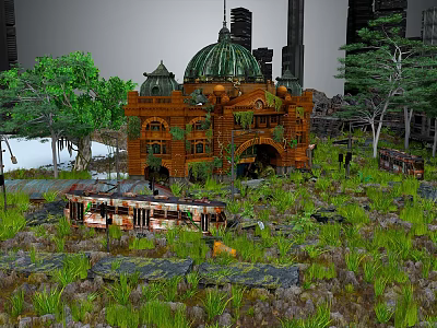 Cartoon Scene of Abandoned Building with Green Dome Rusty Tram Overgrown Weeds Trees and City Backdrop 3d model