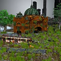 Cartoon Scene of Abandoned Building with Green Dome Rusty Tram Overgrown Weeds Trees and City Backdrop