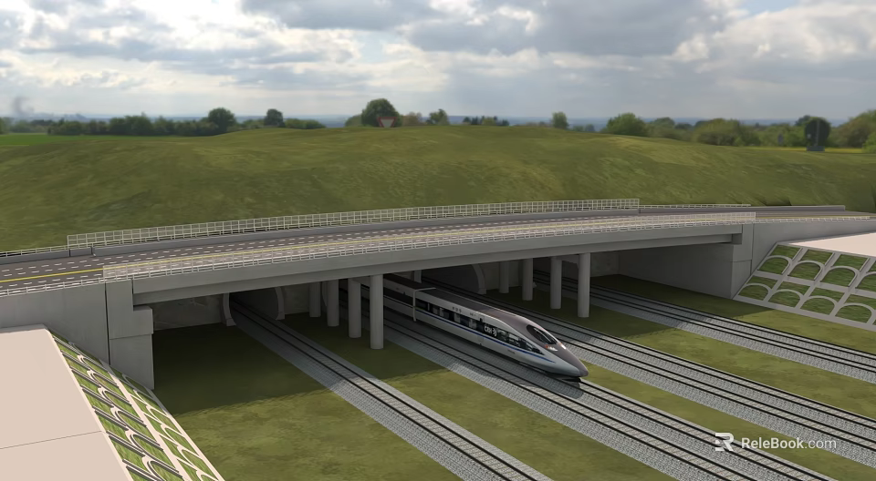 High Speed Train Passing Under Concrete Railway Viaduct With Green Landscape 3d model 