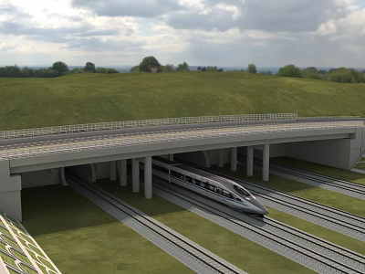 High Speed Train Passing Under Concrete Railway Viaduct With Green Landscape 3d model