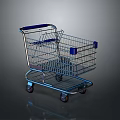Sturdy Metal Shopping Cart With Blue Handle Wheels On Gray Reflective Background