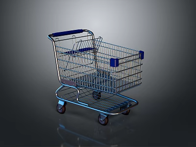 Sturdy Metal Shopping Cart With Blue Handle Wheels On Gray Reflective Background 3d model