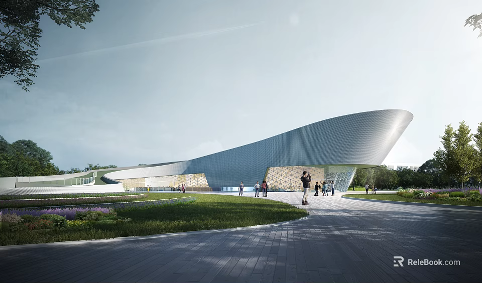 Modern Museum Building With Curved Roof And Landscaped Green Lawns And People Walking 3d model 