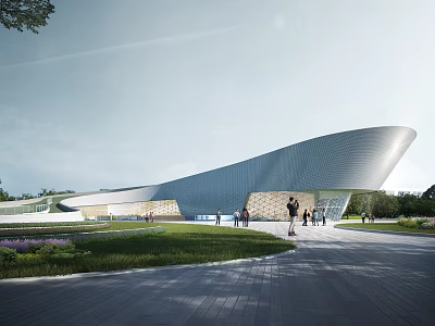 Modern Museum Building With Curved Roof And Landscaped Green Lawns And People Walking 3d model