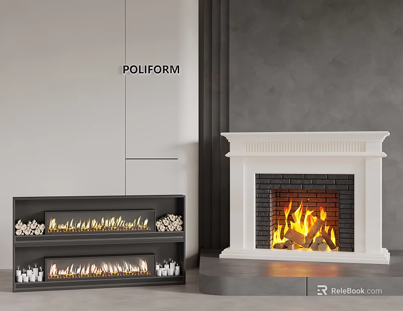 Modern White And Black Fireplace Interior With Flames And Decorative Design 3d model 