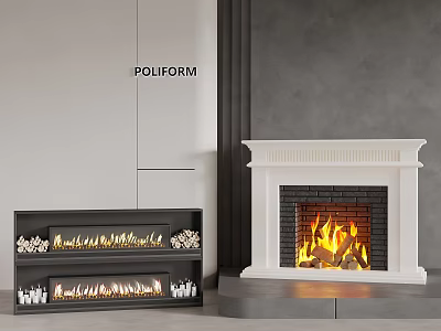 Modern White And Black Fireplace Interior With Flames And Decorative Design 3d model