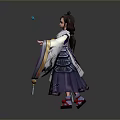 3D Character Woman Wearing Traditional Costume Purple White Robes Red Ribbon Sash Double Bun Hairstyle