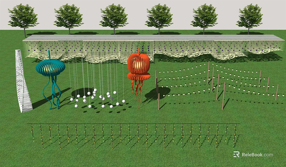 Outdoor Decorative Lights Featuring Colorful Hanging Lanterns And White Spherical Bulbs On Lawn With Trees 3d model 