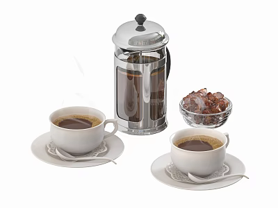White Coffee Cups on Saucers with Spoons Silver French Press Coffee and Sugar Cubes 3d model