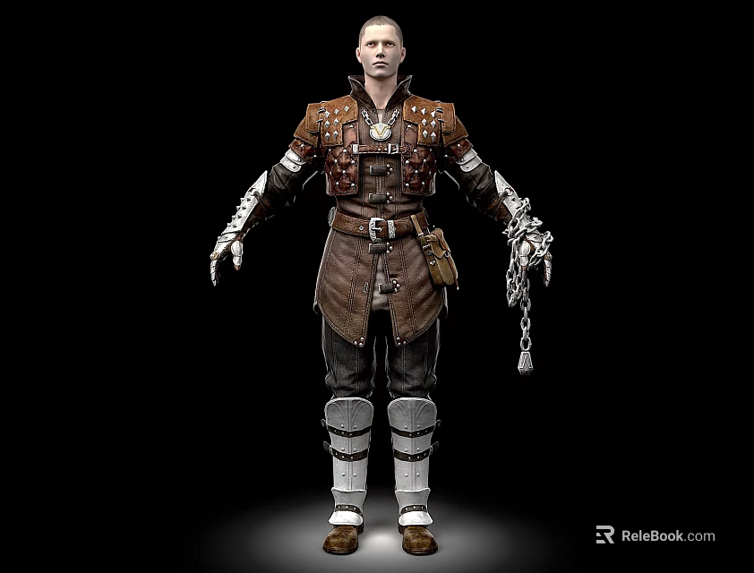 Man Wearing Brown Leather Armor With Metal Decorations Arm Guards Leg Wraps And Chain Accessory 3d model 