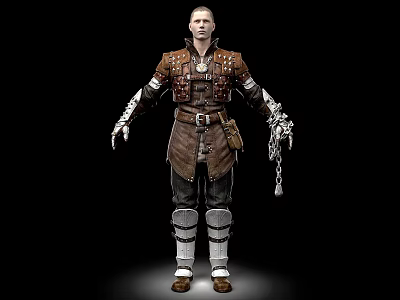 Man Wearing Brown Leather Armor With Metal Decorations Arm Guards Leg Wraps And Chain Accessory 3d model