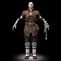 Man Wearing Brown Leather Armor With Metal Decorations Arm Guards Leg Wraps And Chain Accessory