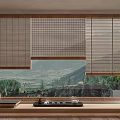 Bay Window Featuring Bamboo Blinds Mountain View Wooden Floor Tea Tray and Plant
