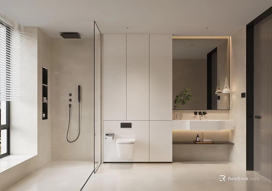 Modern Bathroom Interior Design With Glass Shower White Cabinets And Vanity 3d model 