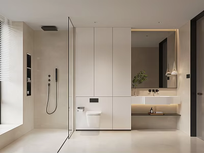 Modern Bathroom Interior Design With Glass Shower White Cabinets And Vanity 3d model