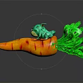 Small Green Game Character Sitting On Orange Carrot With Green Leaves