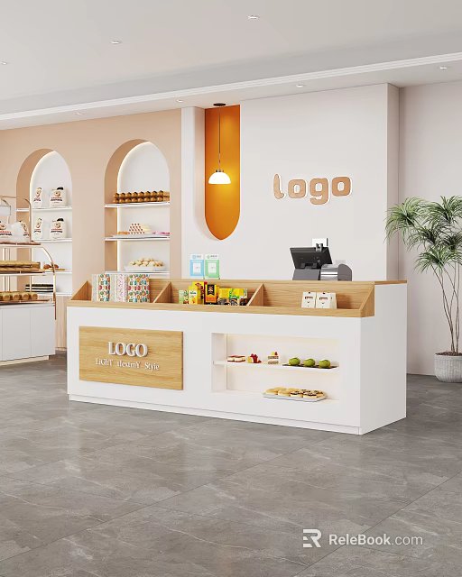 Modern White And Wooden Showcase Shelves In Retail Store With Snacks Fruits Cash Register 3d model 