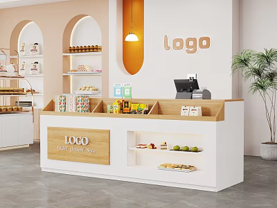 Modern White And Wooden Showcase Shelves In Retail Store With Snacks Fruits Cash Register 3d model